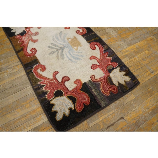 1890s White Medallion Folk Art Antique American Hooked Rug 2'5" X 4'0" Handknotted Wool Carpet For Sale - Image 4 of 8