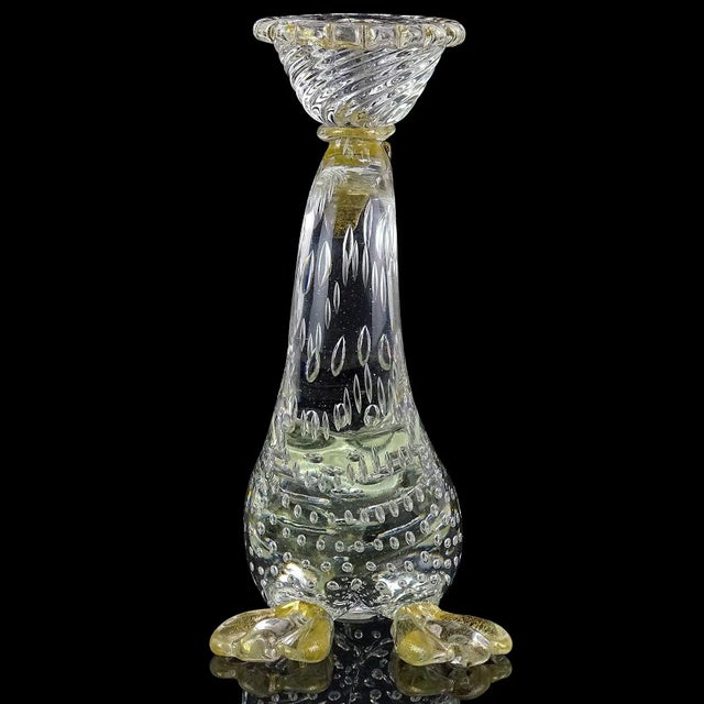 Gold Antique Barovier Toso Murano Crystal Clear Gold Flecks Italian Art Glass Duck Candlestick Sculpture For Sale - Image 8 of 10