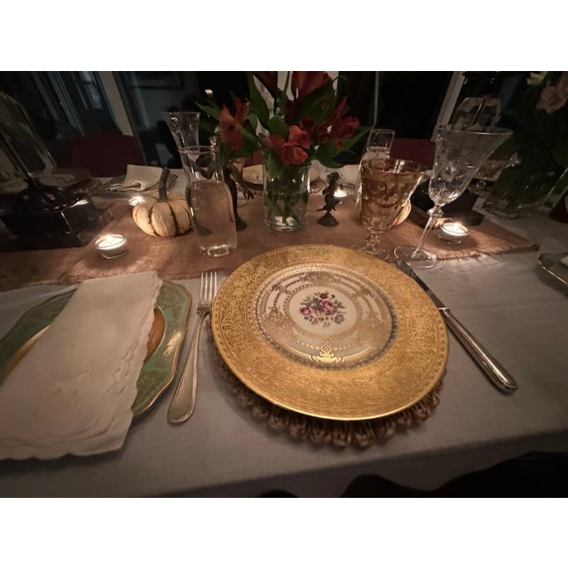 1920s Czechoslovakian Six Gold Encrusted Porcelain Plates | Antique Dinner Plates I Bohemian I Housewarming I Art Deco I Gold Gilded Border For Sale In New York - Image 6 of 14