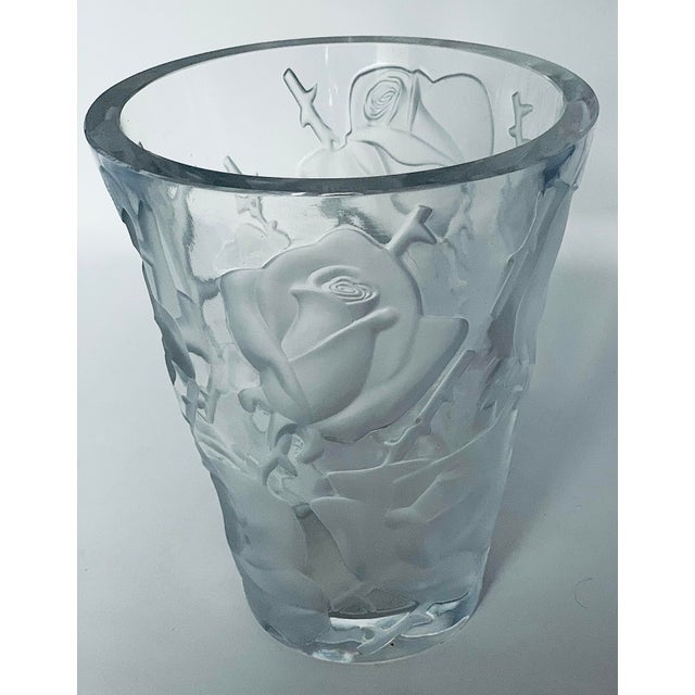 Rare 1950’s Lalique Ispahan Large Crystal Vase With Etched & Frosted Roses For Sale - Image 9 of 12