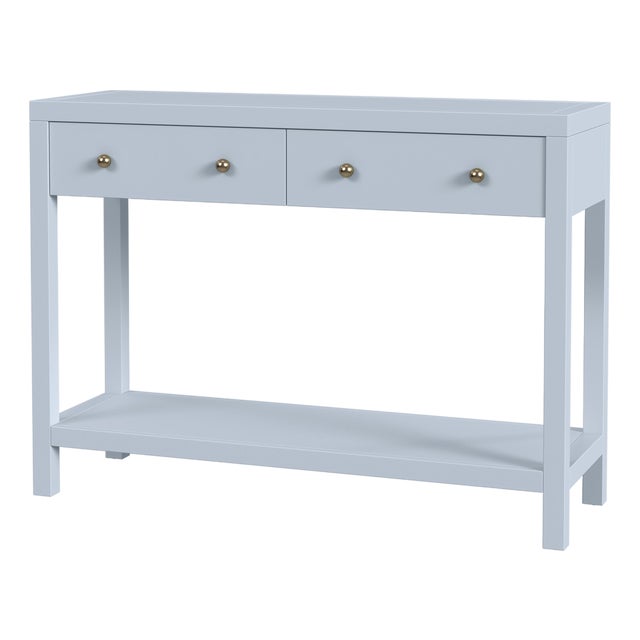 Nora 40 in. W Rectangular Wood 2 Drawer Console Table with Lower Open Shelf, Light Blue For Sale