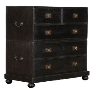 Large 19th Century English Ebonised Teak Campaign Chest Drawers, 1880 For Sale