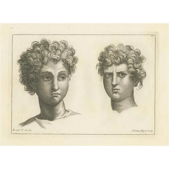 Pigné, Curly Gaze: The Expressive Study, 1740, Engraving For Sale