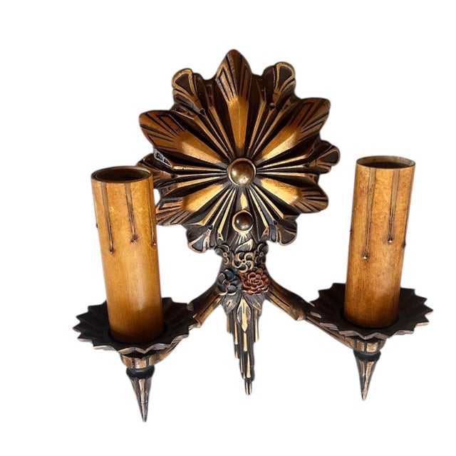 1920s Bronze Double Candle Starburst Wall Sconces in Original Patina, Circa 1920 - Set of 2 For Sale - Image 5 of 7