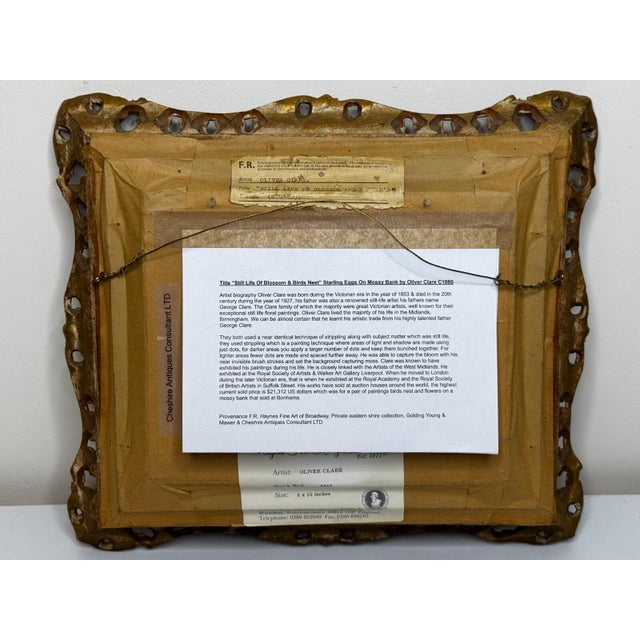 Antique Victorian Still Life Oil Painting by Oliver Clare, Signed Floral Blossom & Bird’s Nest With Blue Eggs, c.1880, Ornate Gilt Frame For Sale - Image 12 of 18
