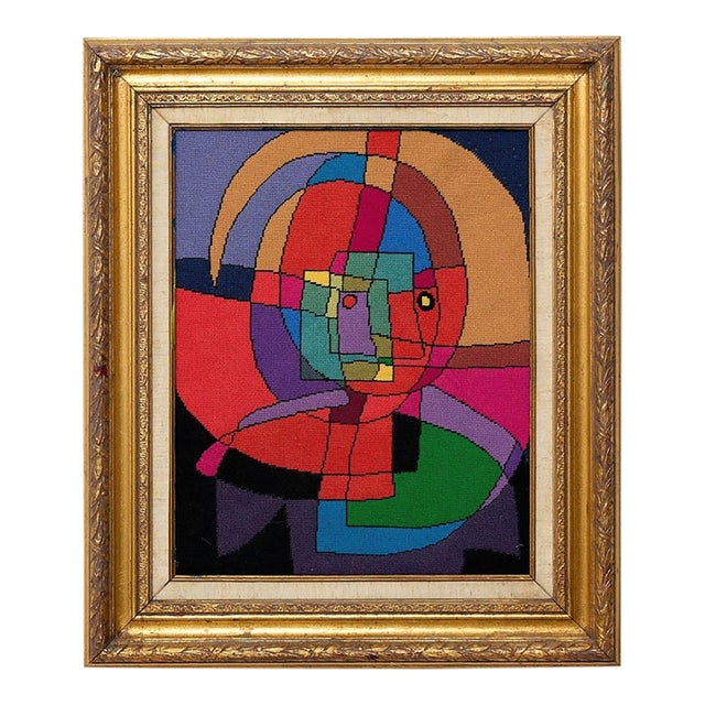Vintage Abstract Cubist Portrait Needlepoint Framed Wall Art For Sale