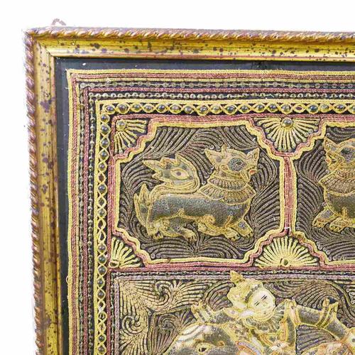 Textile Burmese Kalaga Tapestry Embroidered with Elephants in a Golden Frame, 2000s For Sale - Image 7 of 9