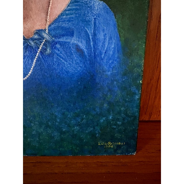 Green 1968 Signed 9x12 Portrait Painting of Woman – Oil on Canvas Board (Luigi Altobelli) For Sale - Image 8 of 10