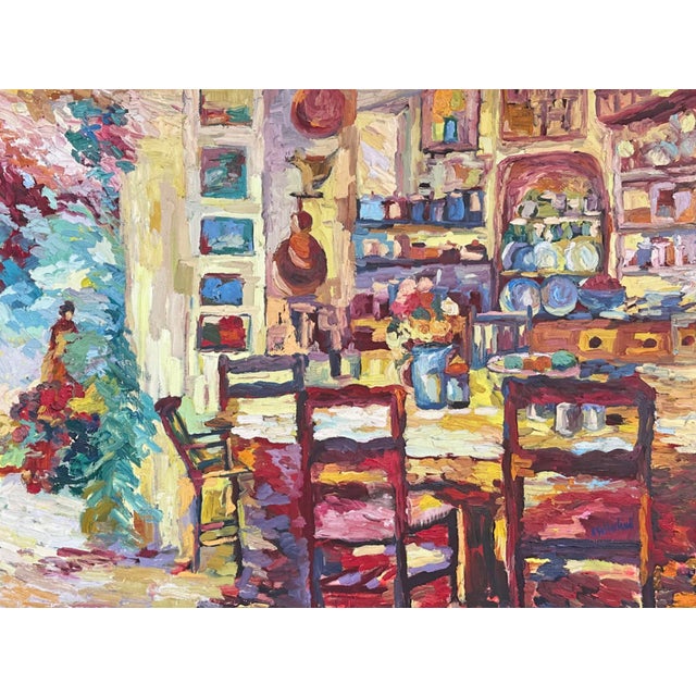 An oil on canvas painting of an interior by the American artist Kay Sutherland. This piece features a dining table, with a...