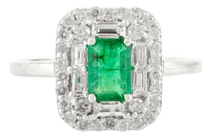 14k White Gold Emerald Centre Diamond Cluster Ring Size 7