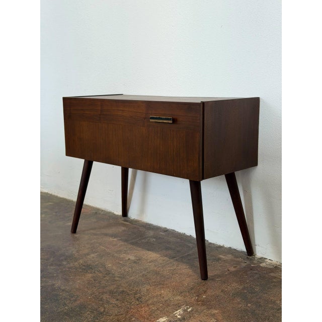 Walnut Entry Console Table With Drop-Down Storage Compartment Vintage Mid-Century Modern 1960s For Sale In Los Angeles - Image 6 of 13