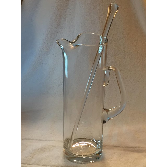 Clear Glass Hand Blown Tall Martini Pitcher & 14" Glass Rod Stirrer Vtg