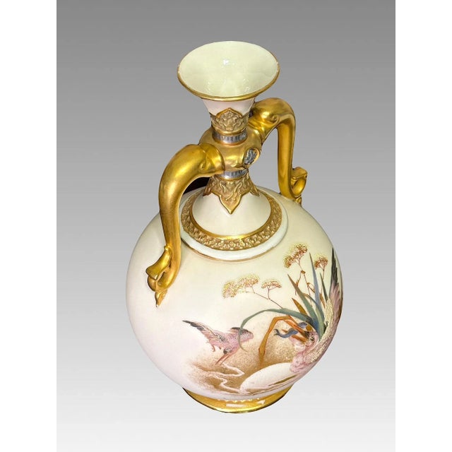 Antique Royal Worcester Porcelain Dolphin Handled Gilt Vase With Pink Pelicans, 1884 #871 Aesthetic Movement For Sale In Tampa - Image 6 of 14