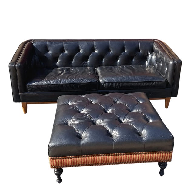 Experience the Classic Heritage &Contemporary Clean Lines With the Monrowe Leather Loveseat With a Custom Ottoman For Sale - Image 11 of 11