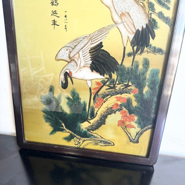 Mid 20th Century Chinese Framed Reverse Painted Glass of Herons/Egrets For Sale - Image 5 of 9