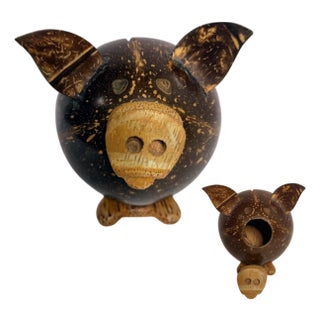 Handmade Coconut Shell Piggy Bank Carved Wood Rustic Tropical Folk Art Decor Pig Folk Art For Sale