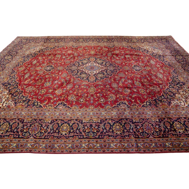 1960s Vintage Persian Kashan Handmade Red Floral Wool Rug For Sale - Image 4 of 7