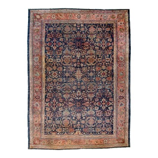 1900s Antique Allover Medallion Botanical Navy Salmon Browns Wool Hand-Knotted Rug - 11’9” X 16’3” For Sale