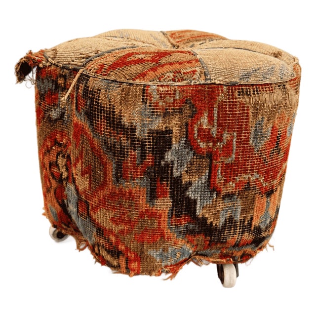 Late 19th Century Antique Oriental Carpet Footstool on Porcelain Casters For Sale