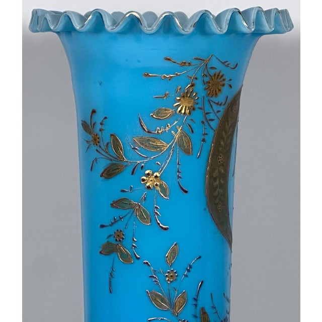 Moser Glassworks 19th Century Victorian Moser Blue Opaline Glass Vase: Gilt Floral Decor, 15.5" For Sale - Image 4 of 10