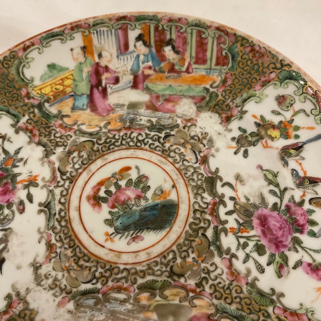 Mid-19th century antique Chinese rose medallion or Famille rose round plate. White ground with gold Decoration, Floral,...