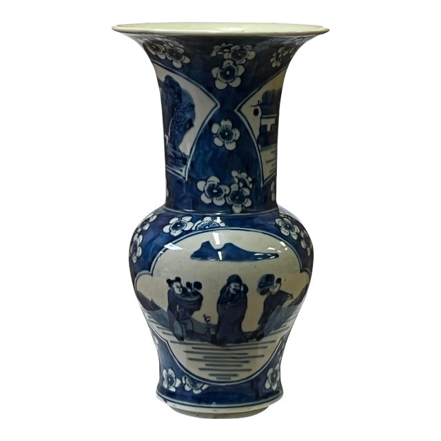 Vintage Chinese Blue White Porcelain Scenery Wide Mouth Vase For Sale