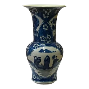 Vintage Chinese Blue White Porcelain Scenery Wide Mouth Vase