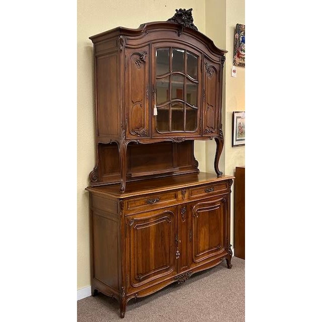 Stunning Antique Hand Carved French Walnut Hutch c.1890s Beautifully Carved French Hutch - Gorgeous Beveled Glass Upper...