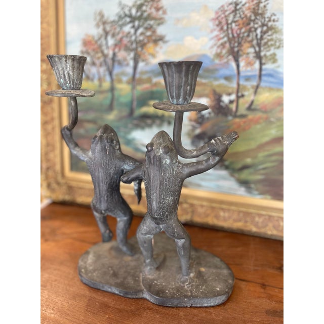 Whimsical Vintage Dancing Frog Candelabra With Dual Candle Holders, Likely Mid-20th Century Folk Art. For Sale - Image 4 of 9