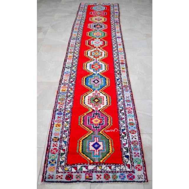 Turkish Hand-Knotted Runner Rug Bold Colors Hallway Rug - 2′8″ × 11′9″ For Sale - Image 6 of 14
