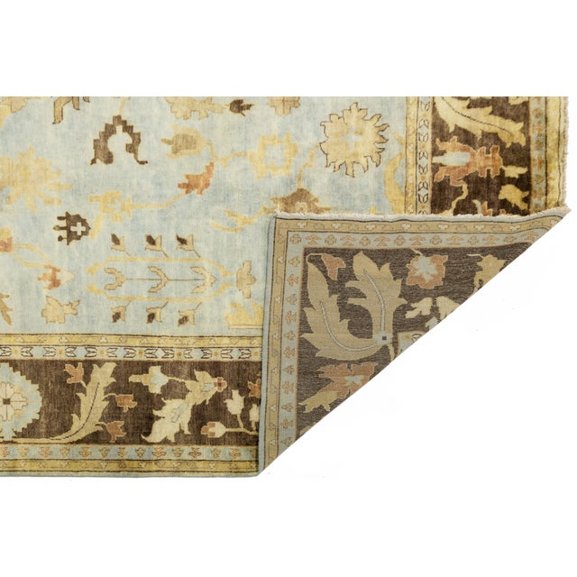 Modern Modern Hand-Knotted Oushak Style Wool Area Rug in Soft Sky Blue and Ochre Gold For Sale - Image 3 of 12