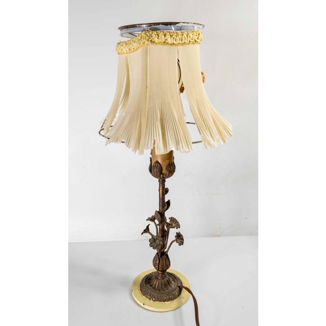 French 20th Century Italian Floral Tole Ware Style Metal Boudoir Table Lamp With Distressed Shade For Sale - Image 3 of 12