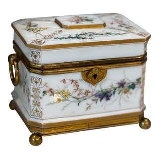 Vintage or Antique Possibly 19th Century White Opaline Glass Jewelry Casket Box Hand Painted Floral Decor & Gilt Bronze 6.25"x4.75"x5.25"h For Sale