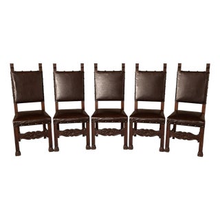 Late 19th Century Antique Carved Wood Dining Chairs With Leather Upholstery, Set of 5 For Sale