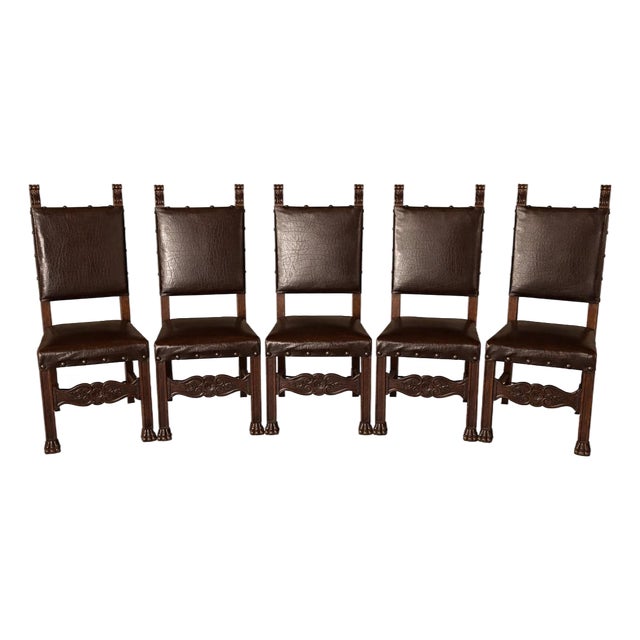 Late 19th Century Antique Carved Wood Dining Chairs With Leather Upholstery, Set of 5 For Sale