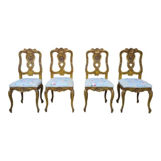 1940s Venetian Carved Shell Pattern & Hand Painted Flower Parcel Gilt Side Chairs- Set of 4 For Sale