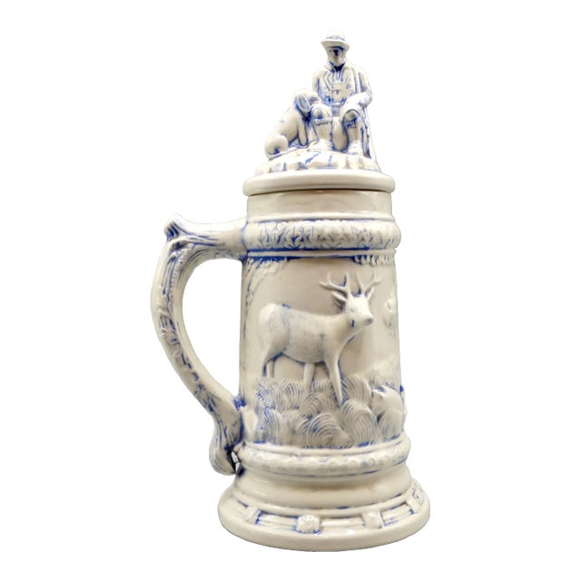 Statement Size German Lidded Stein W/ Hunting Motif Man Dog Stag For Sale