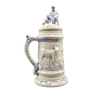 Statement Size German Lidded Stein With Hunting Motif Man Dog Stag