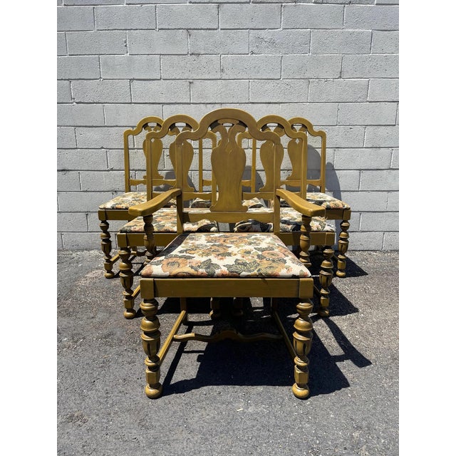 Brown 7pc Vintage Jacobean Dining Table Chairs Set Wood Kitchen Armchair For Sale - Image 8 of 10