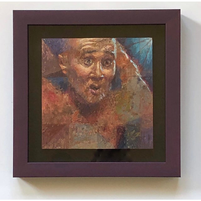 The artwork depicts a close-up portrait of a person expressing a strong sense of shock, captured with vivid pastels on a...