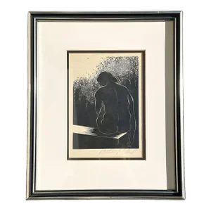 Untitled Nude Female Portrait Wood Block Print by Reibel Bertram, Framed