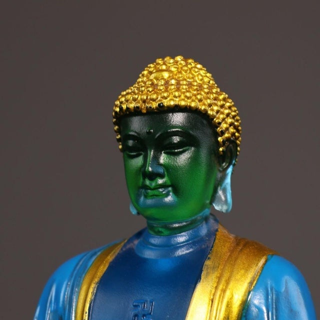 Late 20th Century Gilt Painted Liuli Glass Seated Shakyamuni Buddha Sculpture on Lotus Base For Sale In Los Angeles - Image 6 of 9