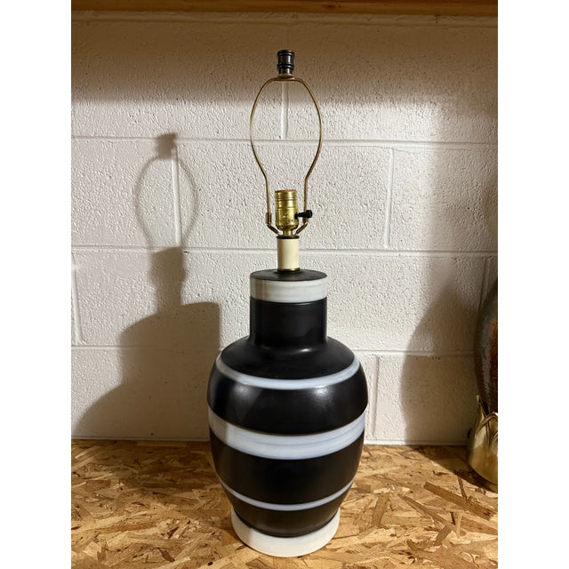 Mid Century Modern Studio Pottery Ceramic Lamp in Black and White Stripe Glaze. Such a fun and decor inspiring piece. The...