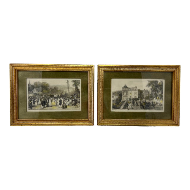 Pair of 19th Century Hand-Tinted European Lithographs in Gilt Frames For Sale
