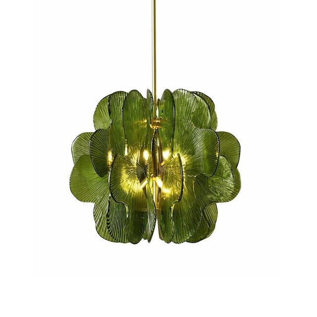 Mid-Century Modern Mid-Century Modern Brass Pendant Lamp with Green Murano Glass Slabs, Italy For Sale - Image 3 of 9