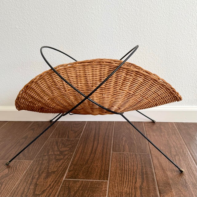 Mid Century Modern Wicker Rattan Iron Magazine Holder Vintage Italian Mcm Gorgeous piece. Frame folds down. Wicker has...