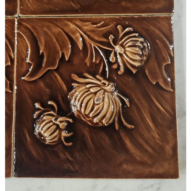 Burnt Umber 6 Stunning Embossed Chrysanthemum Tiles For Sale - Image 8 of 12