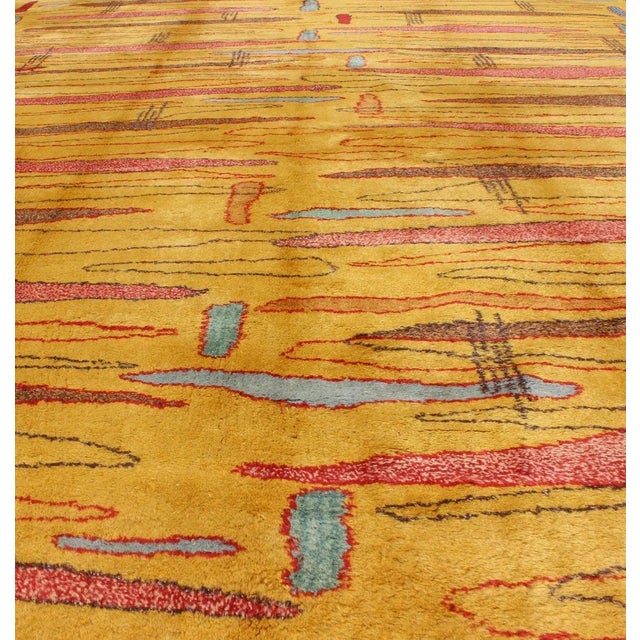 Mid 20th Century Vintage Modern Rug With Yellow Background and Multicolored Etched Pattern For Sale - Image 4 of 13