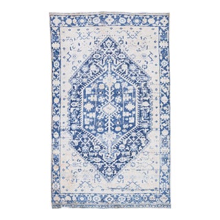 Vintage Persian Heriz Navy Blue Handmade Medallion Wool Rug For Sale