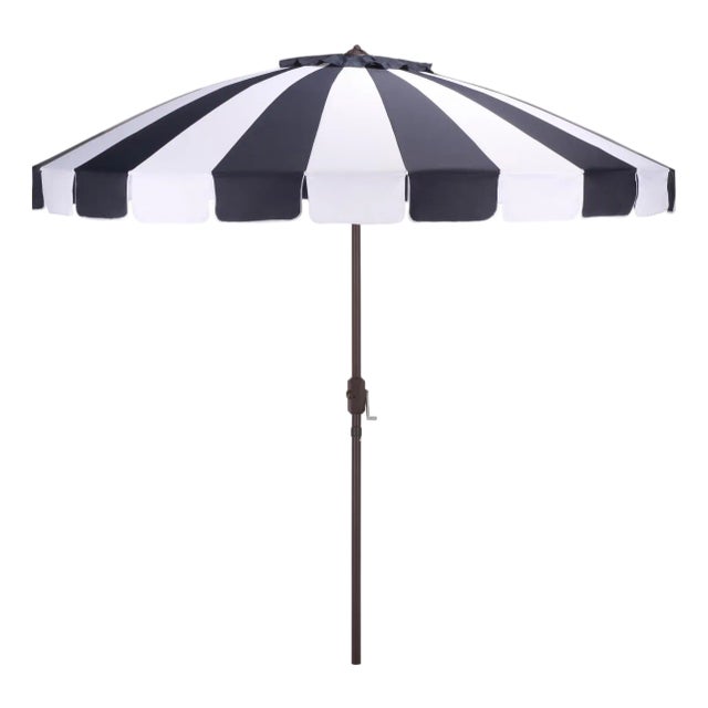 Buti 9 Ft Crank Umbrella, Navy Cabana Stripe/Brown Pole For Sale